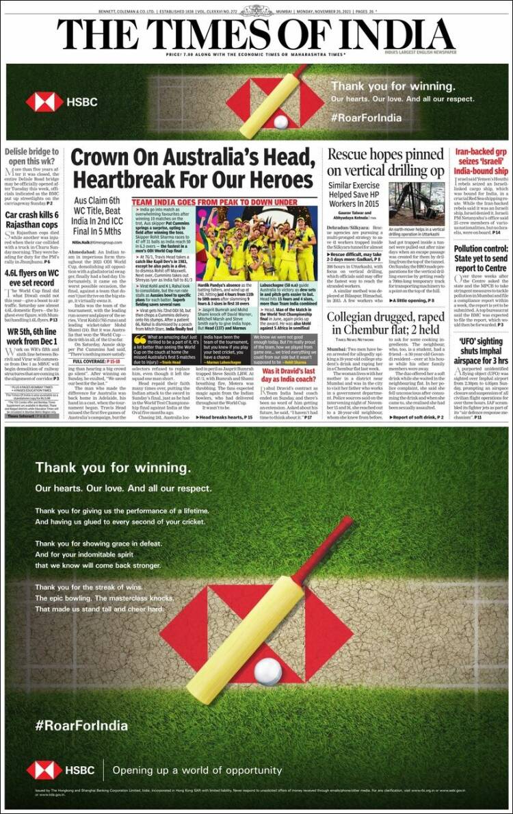 Portada de The Times of India (India)