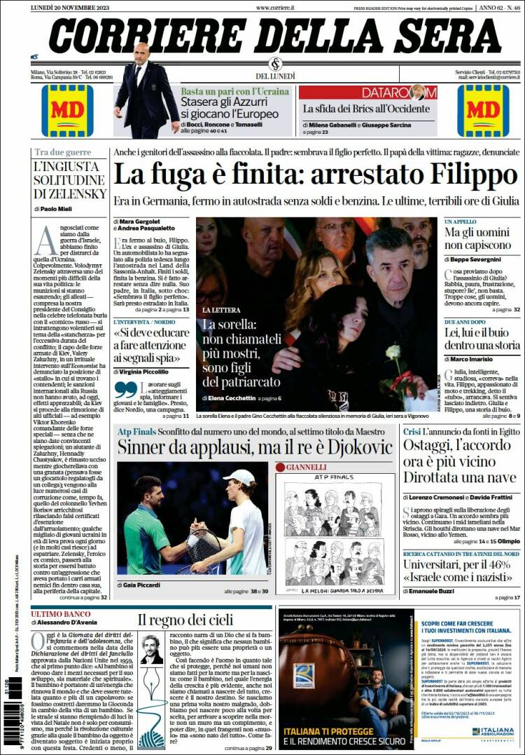 Portada de Corriere della Sera (Italia)