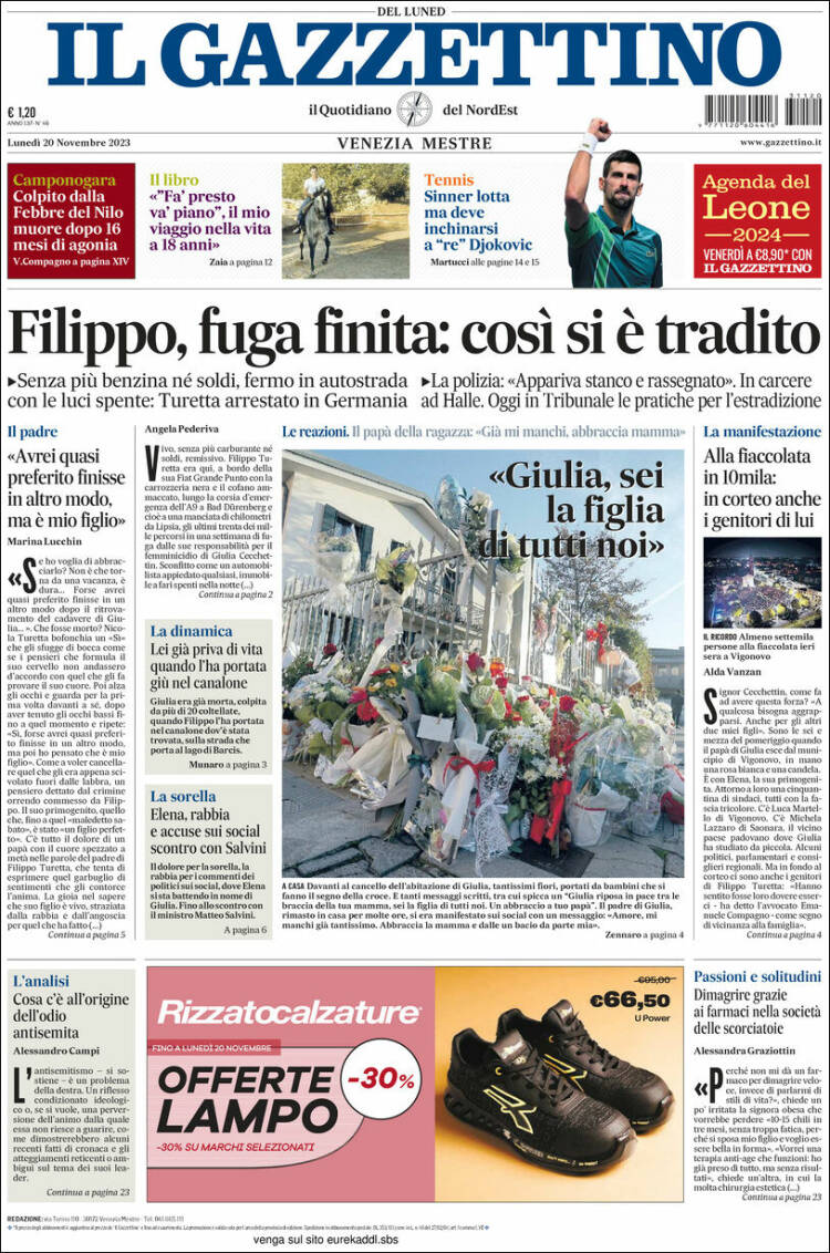 Portada de Il Gazzettino (Italia)