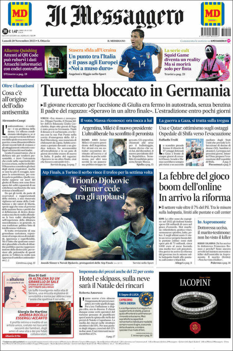 Portada de Il Messaggero (Italia)