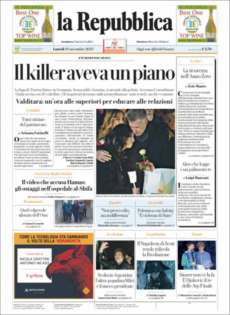 Portada de La Repubblica (Italia)