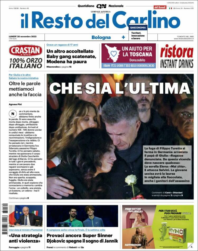 Portada de Il Resto del Carlino (Italia)