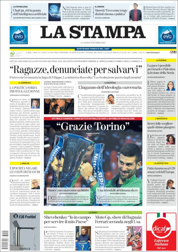 Portada de La Stampa (Italia)