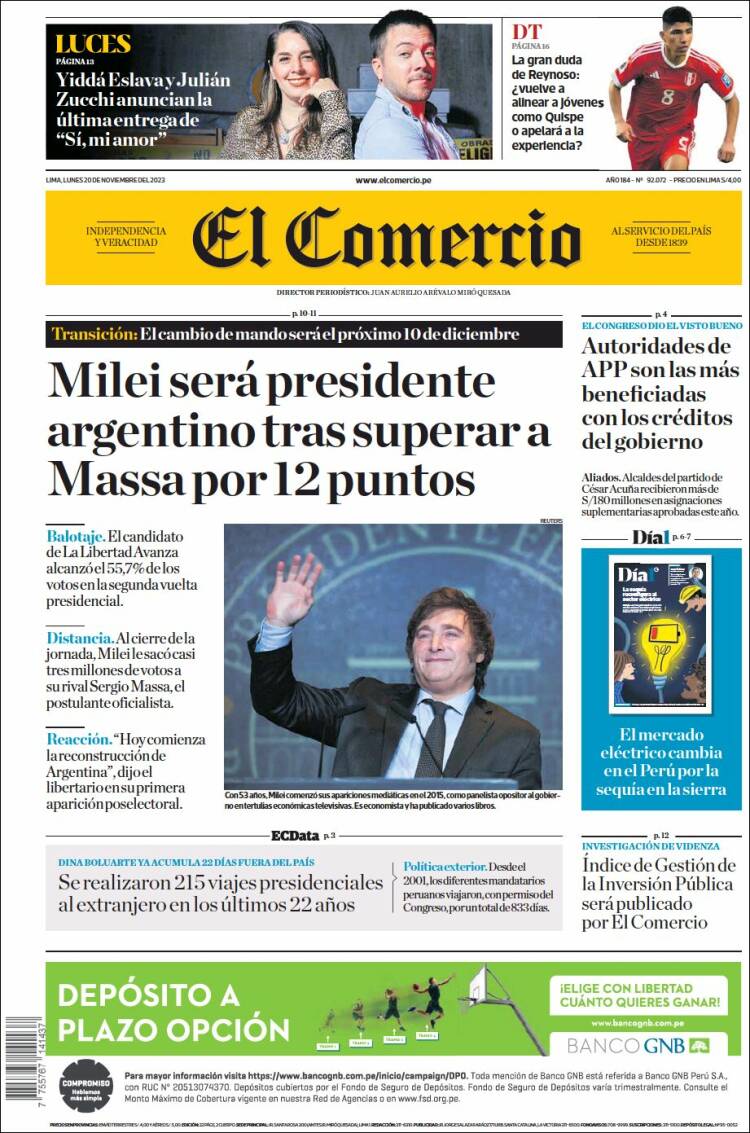 Portada de El Comercio (Per&uacute;)