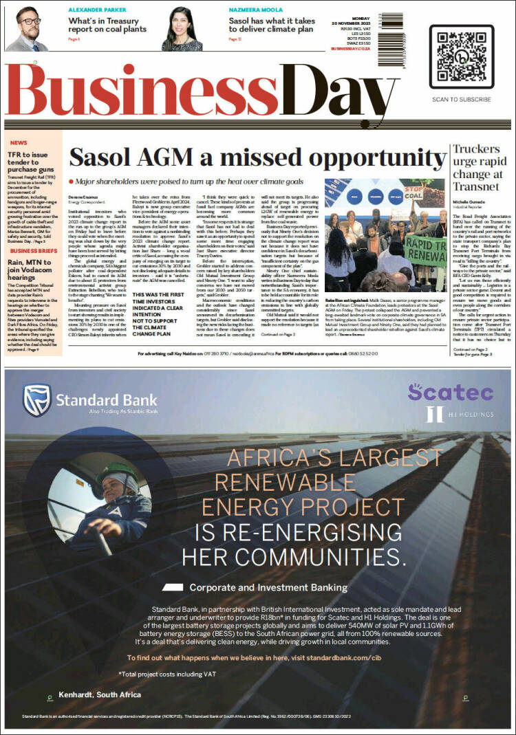 Portada de Business Day (Sud&aacute;frica)