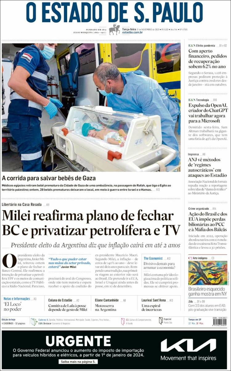 Portada de O Estado de São Paulo (Brasil)