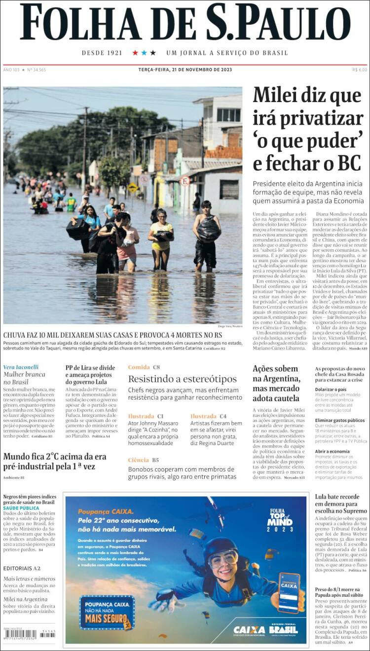 Portada de Folha de São Paulo (Brasil)