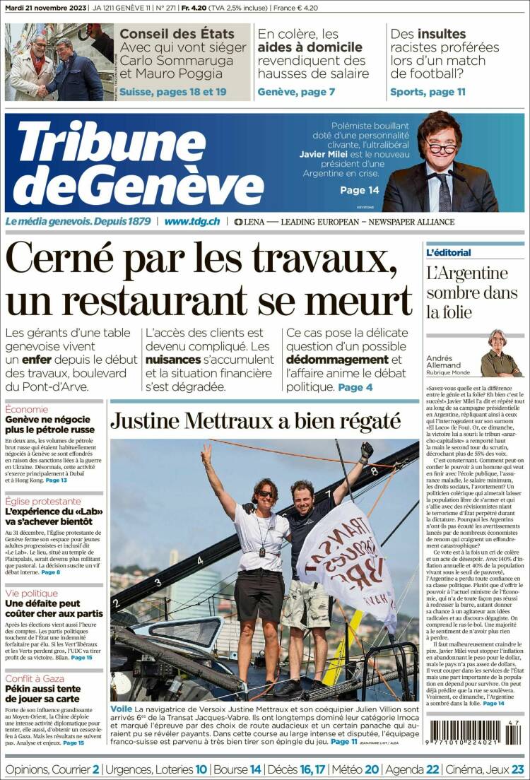 Portada de La Tribune de Genève (Suiza)