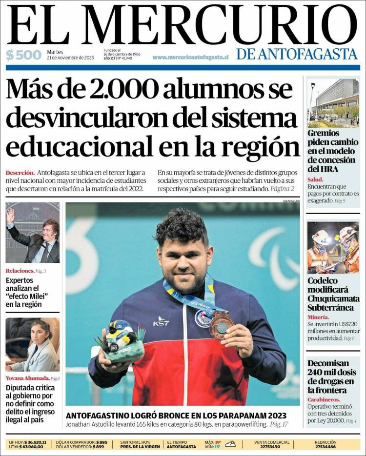 Portada de El Mercurio de Antofagasta (Chile)