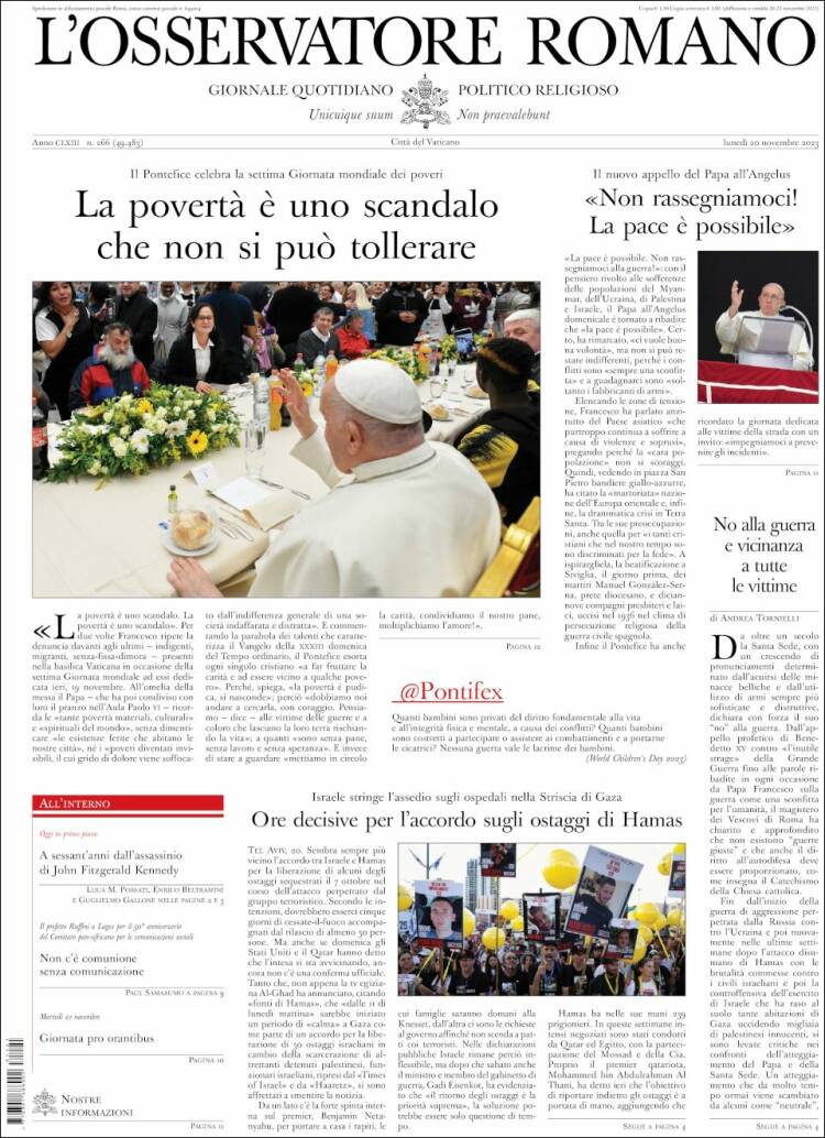 Portada de L'Osservatore Romano (Italia)