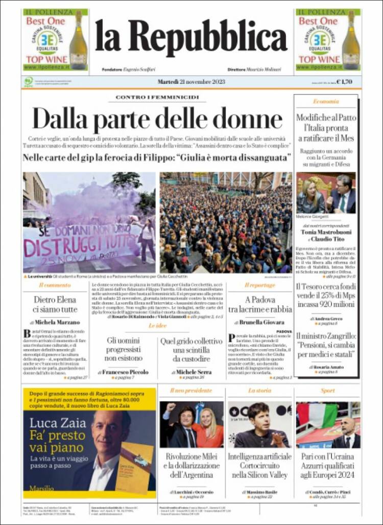 Portada de La Repubblica (Italia)