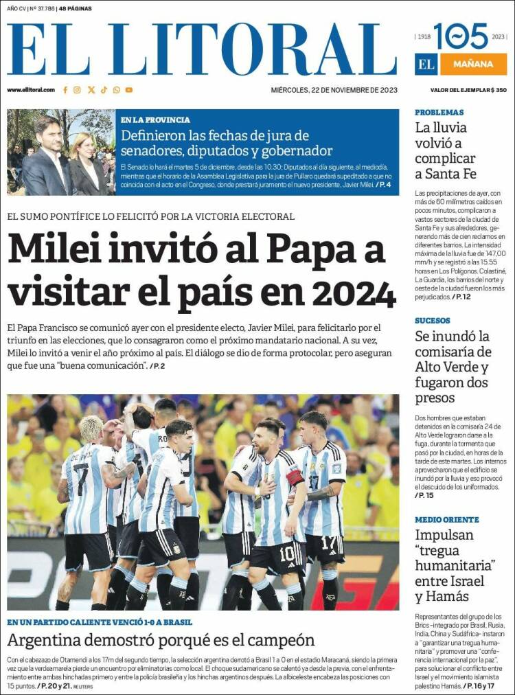 Portada de Diario El Litoral (Argentina)