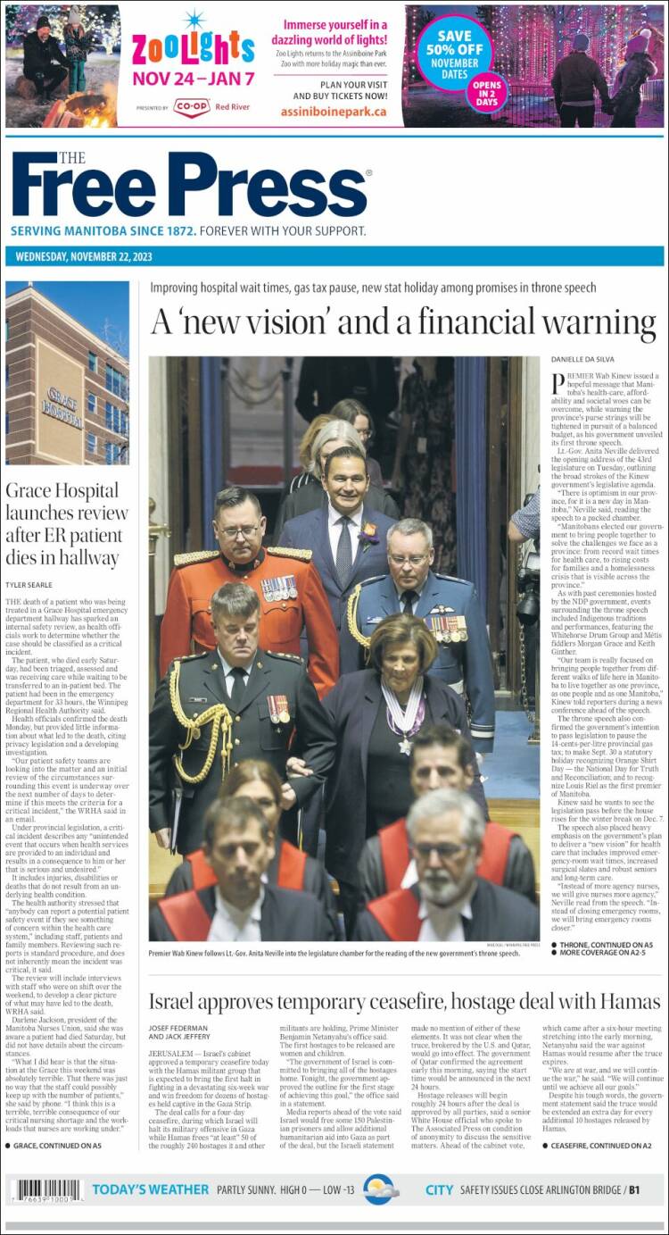 Portada de Winnipeg Free Press (Canadá)