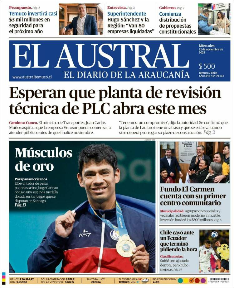 Portada de El Austral de Temuco (Chile)