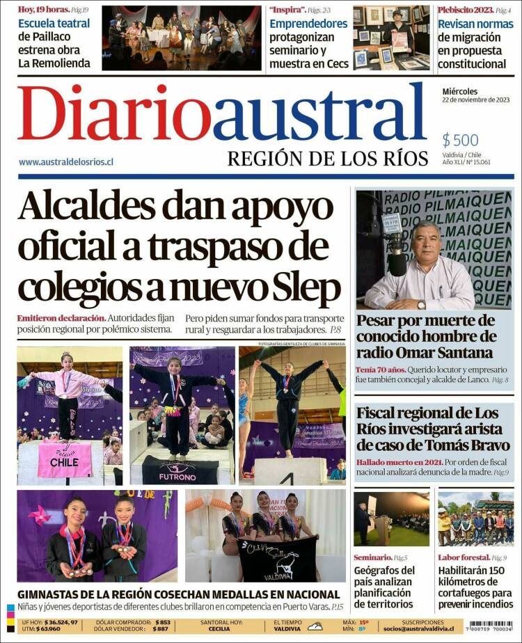 Portada de El Diario Austral de Valdivia (Chile)