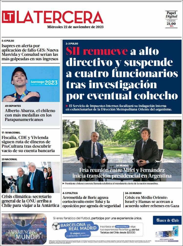 Portada de La Tercera (Chile)