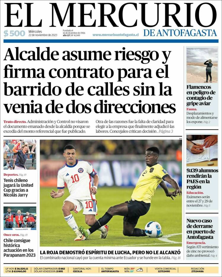 Portada de El Mercurio de Antofagasta (Chile)