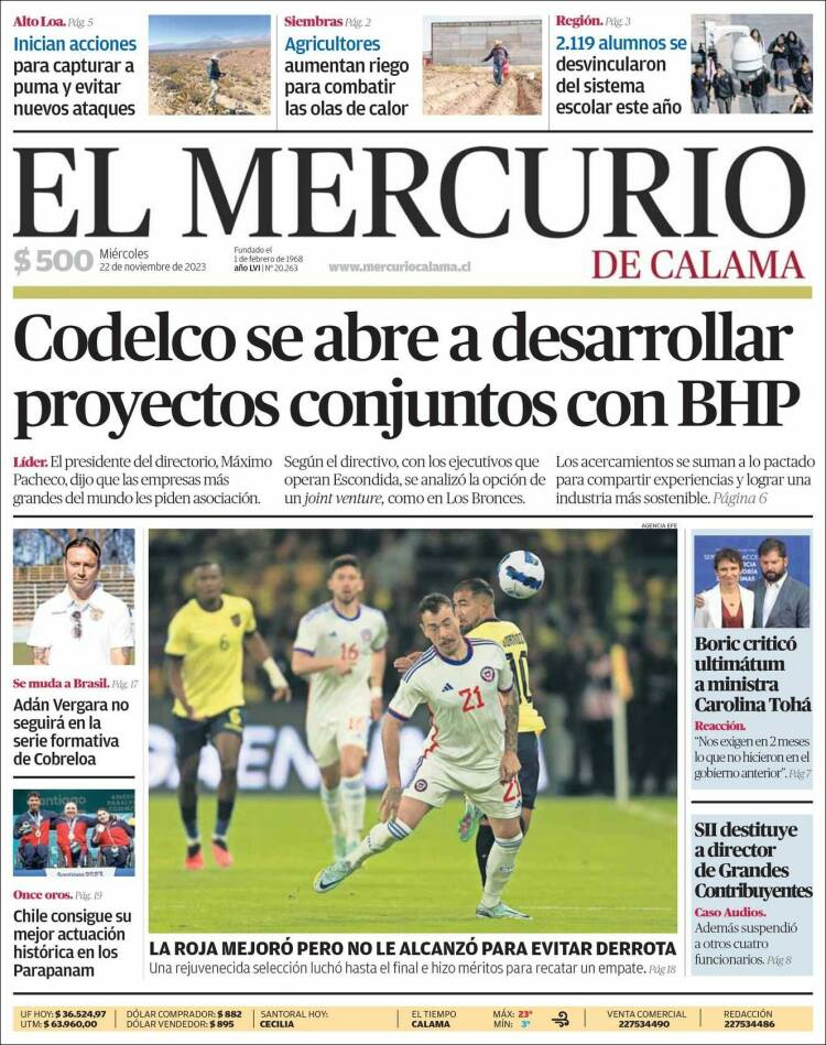 Portada de El Mercurio - Calama (Chile)