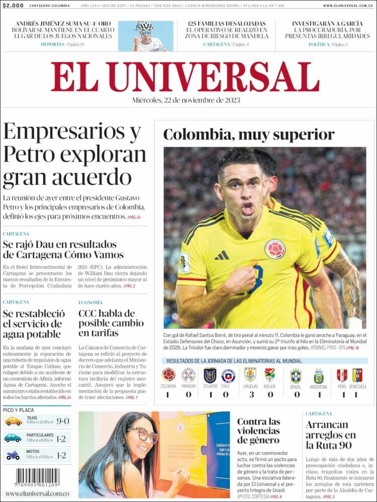 Portada de El Universal (Colombia)