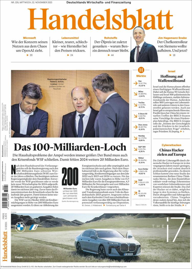 Portada de Handelsblatt (Alemania)