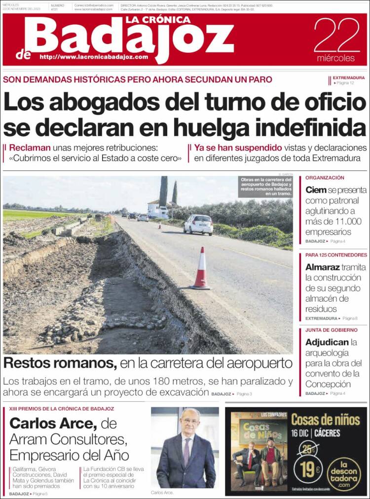 Portada de La Crónica de Badajoz (España)