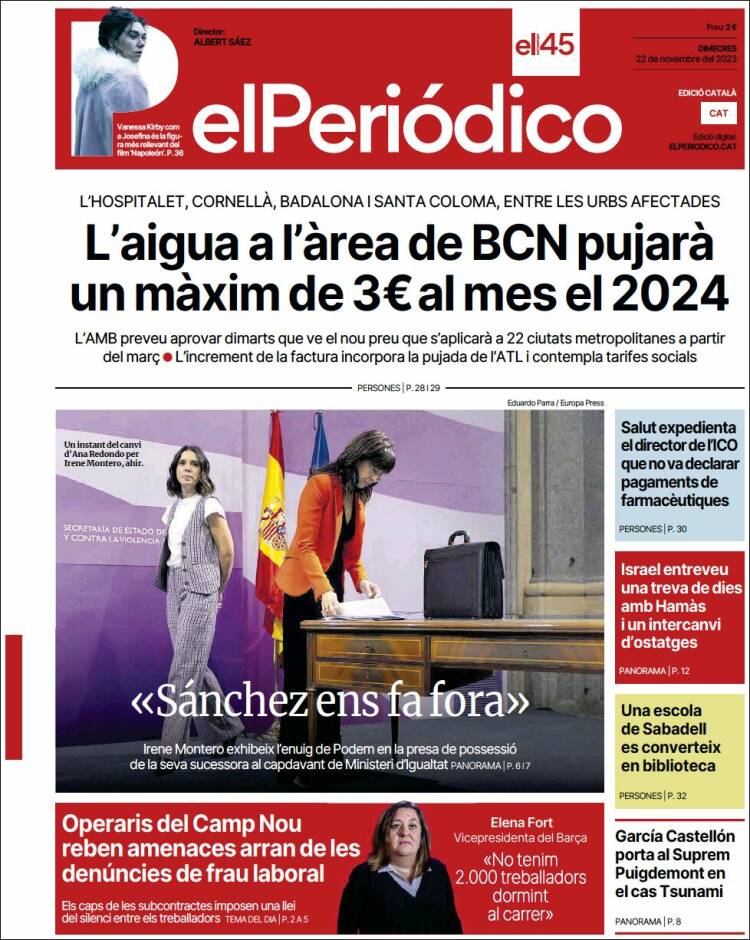 Portada de El Periódico de Catalunya (España)