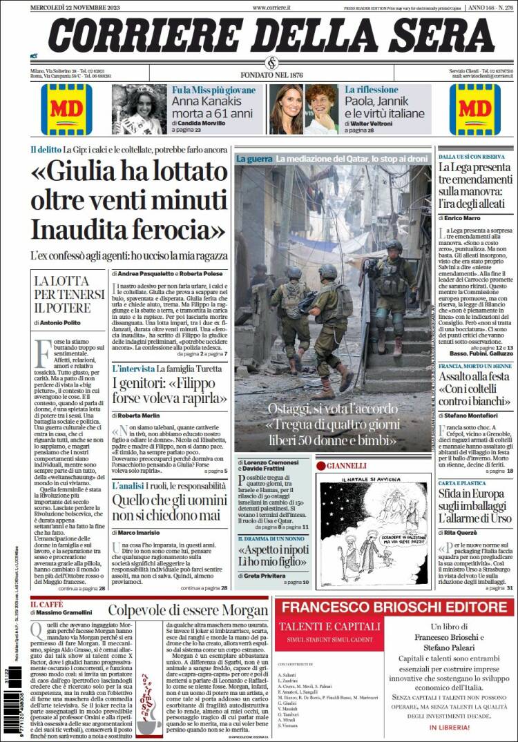 Portada de Corriere della Sera (Italia)