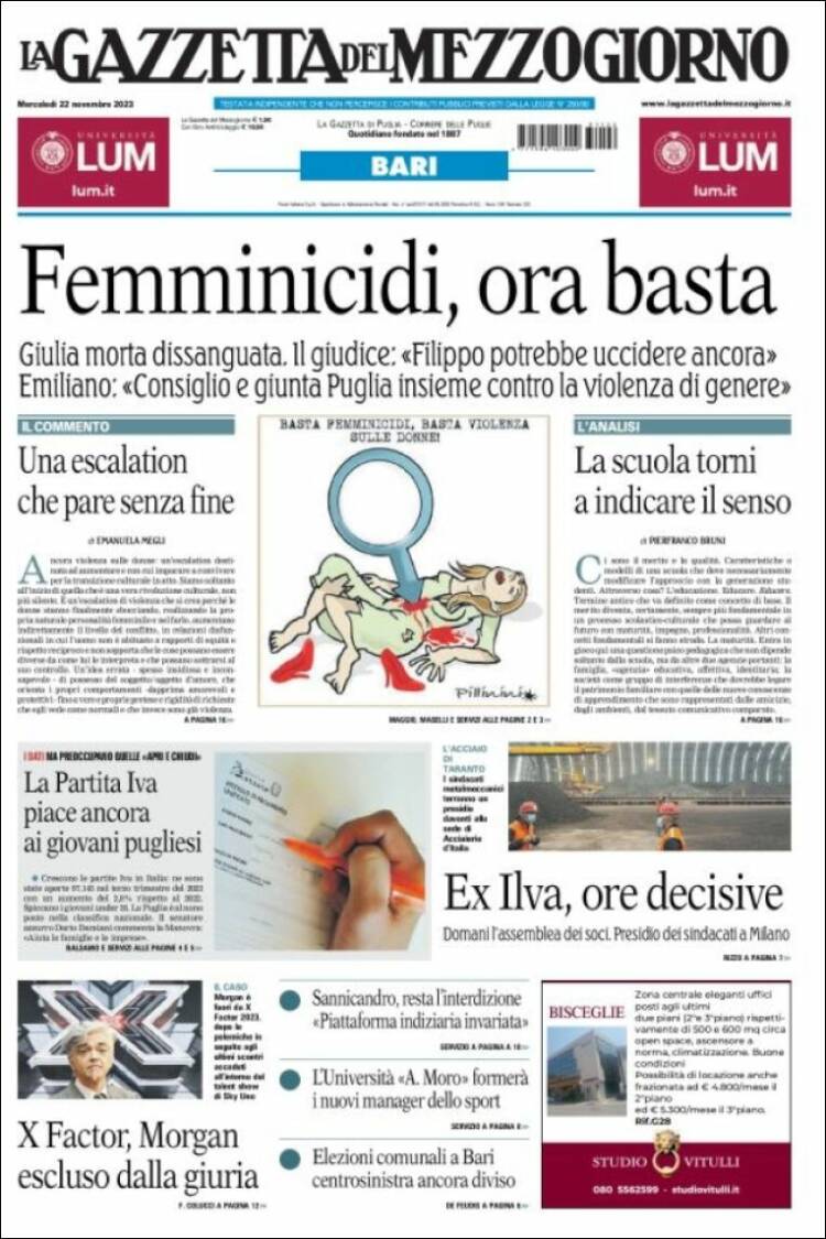 Portada de La Gazzetta del Mezzogiorno (Italia)