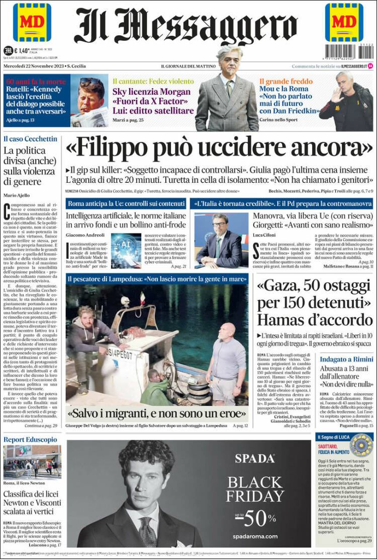 Portada de Il Messaggero (Italia)