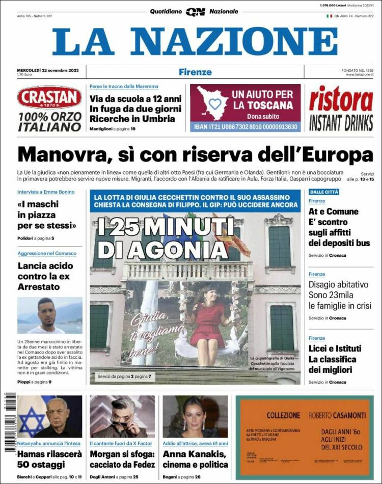 Portada de La Nazione (Italia)