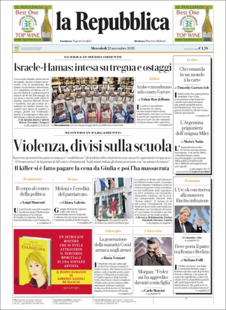 Portada de La Repubblica (Italia)