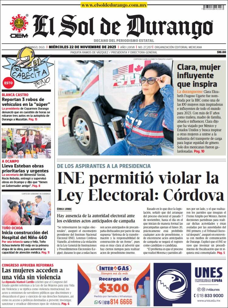 Portada de El Sol de Durango (México)
