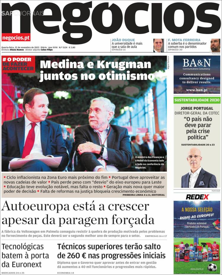 Portada de Jornal de Negócios (Portugal)