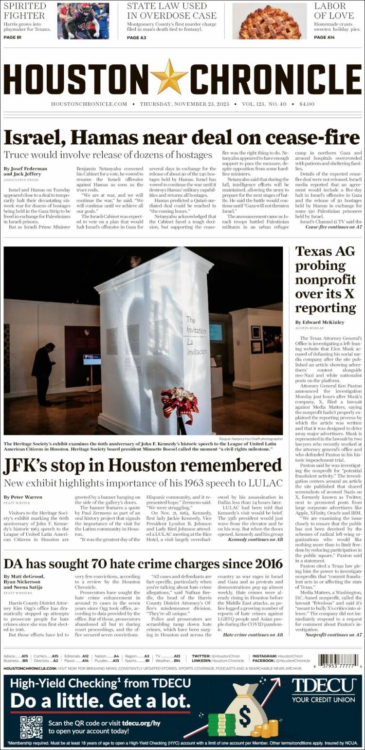 Portada de Houston Chronicle (USA)