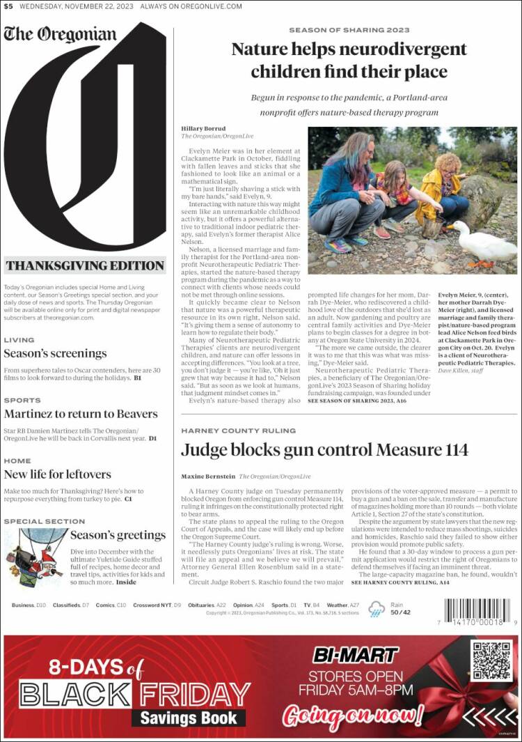 Portada de The Oregonian (USA)