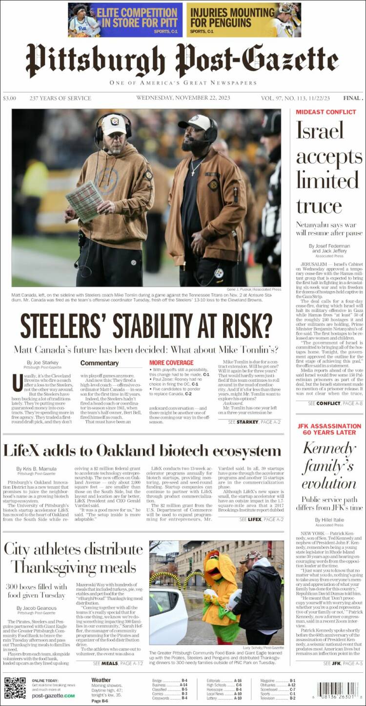 Portada de Pittsburgh Post-Gazette (USA)