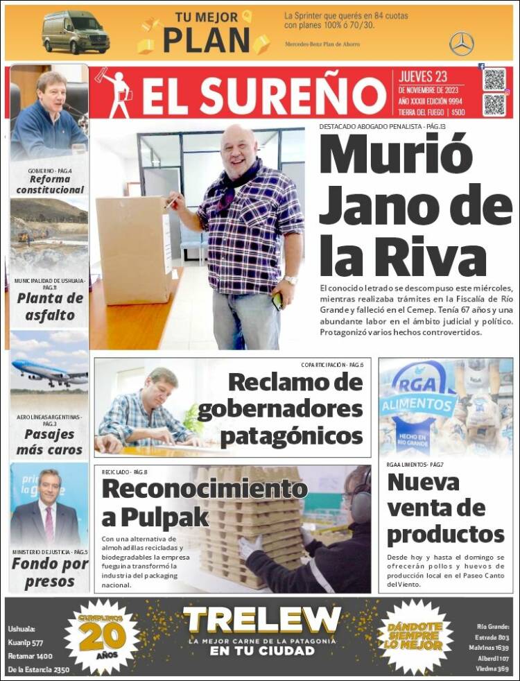 Portada de Diario El Sureño (Argentina)