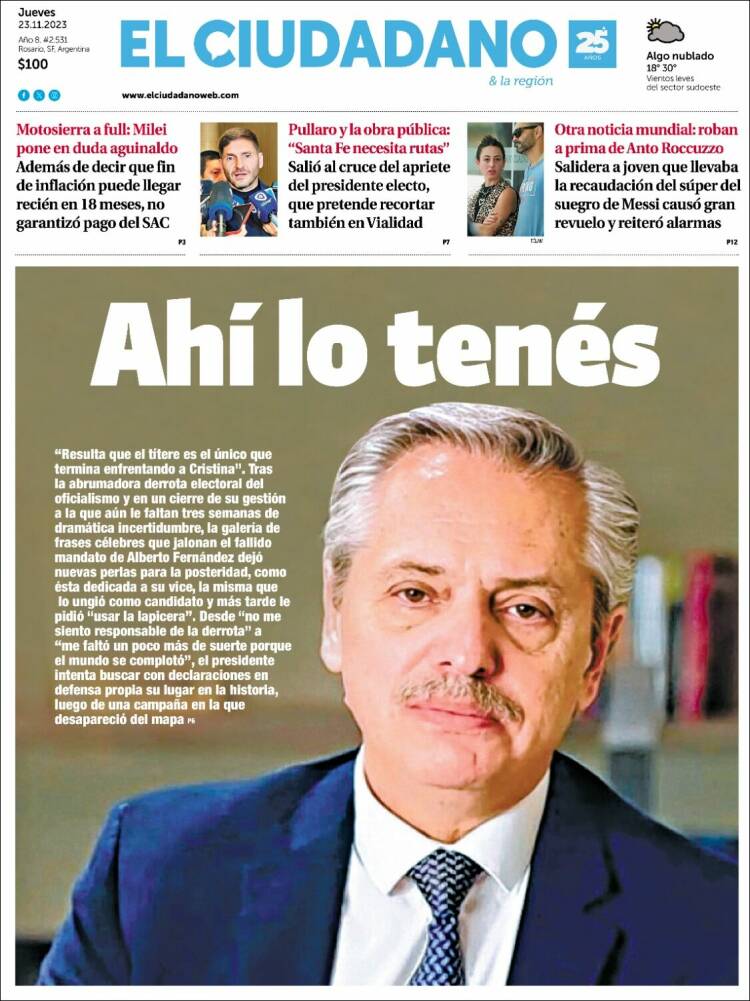 Portada de Diario El Ciudadano (Argentina)