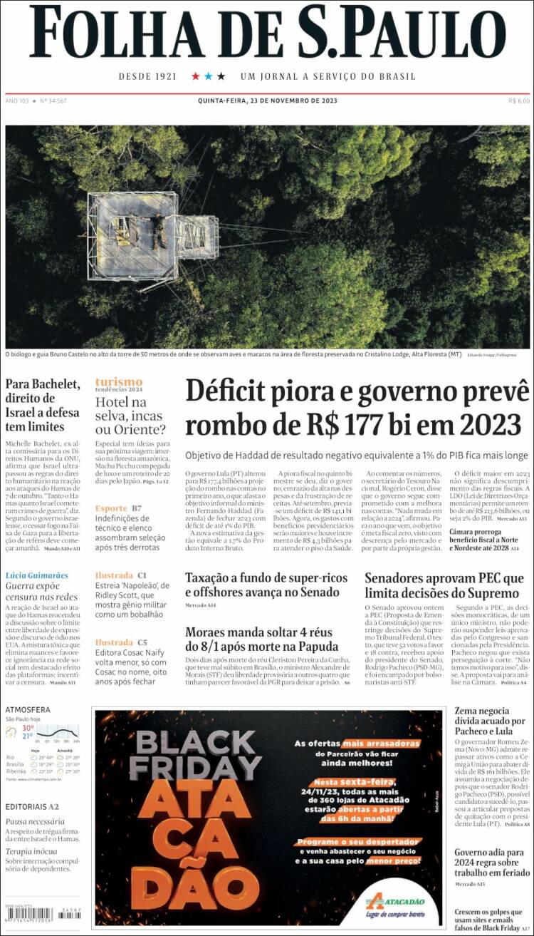 Periódico Folha De São Paulo Brasil Periódicos De Brasil Edición De Jueves 23 De Noviembre 6664