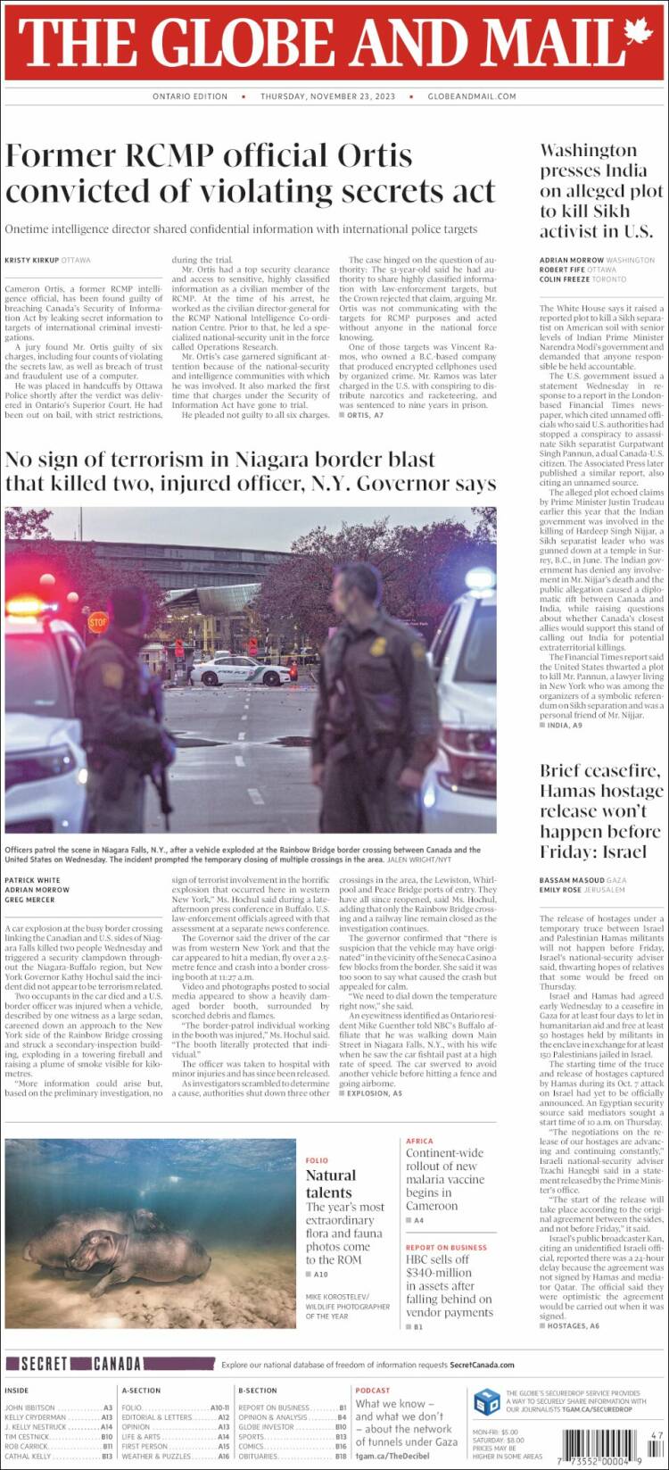 Portada de The Globe and Mail (Canad&aacute;)