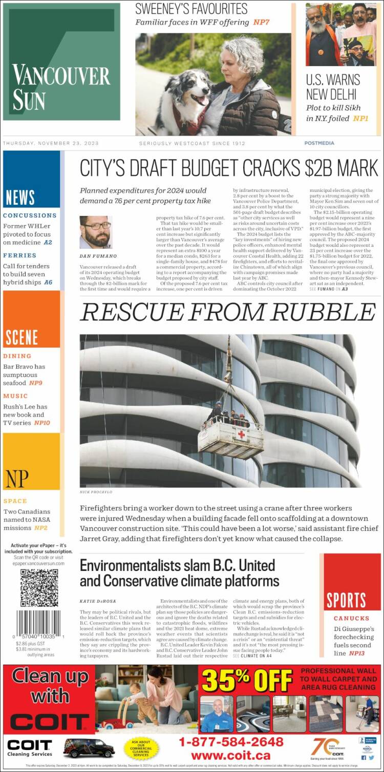 Portada de The Vancouver Sun (Canad&aacute;)