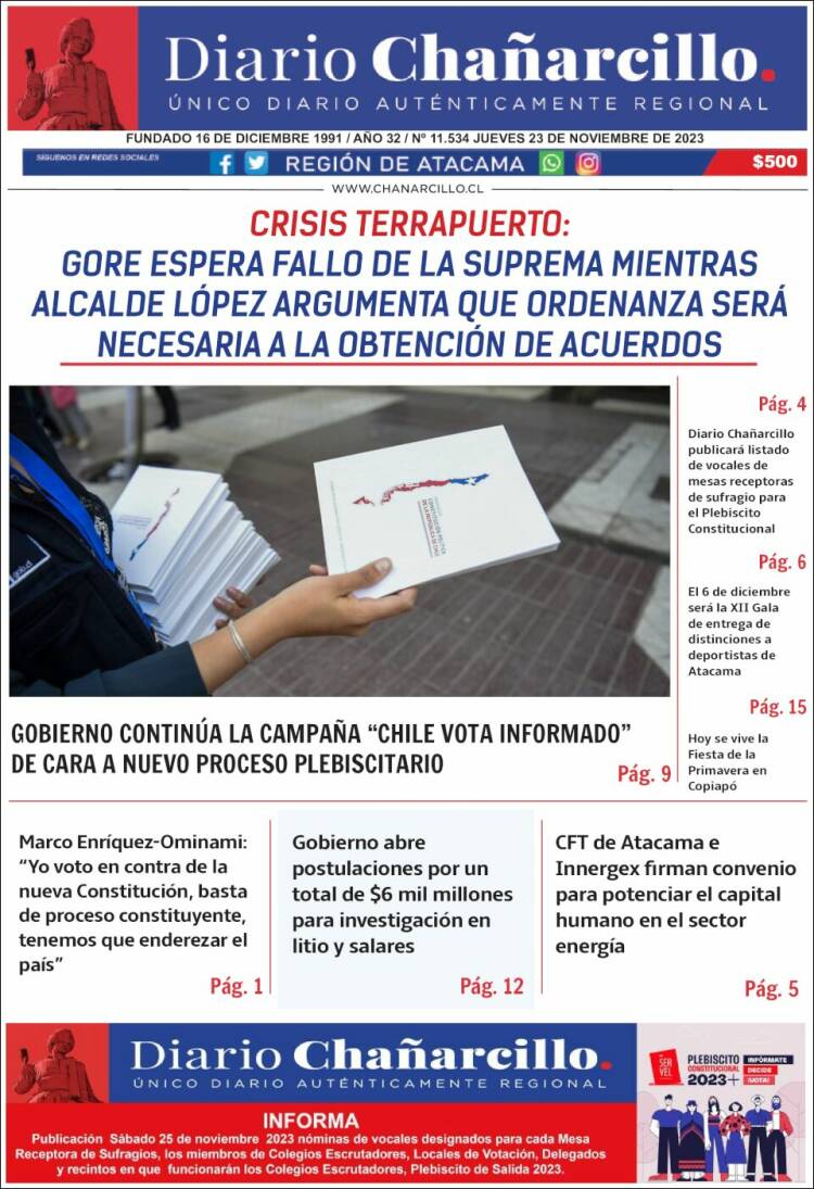 Portada de Diario Chañarcillo (Chile)