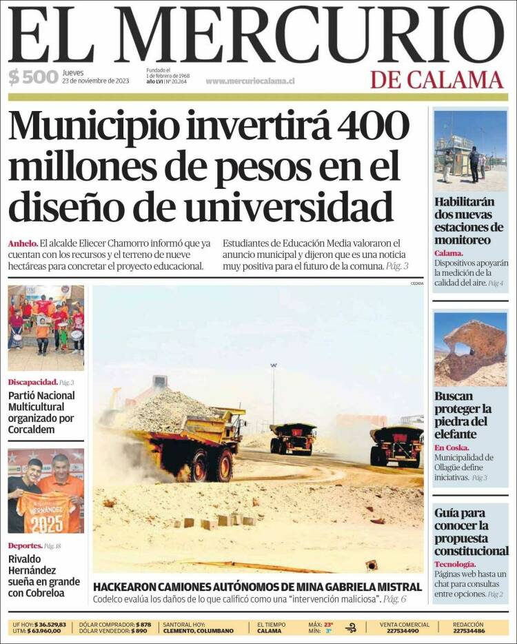 Portada de El Mercurio - Calama (Chile)