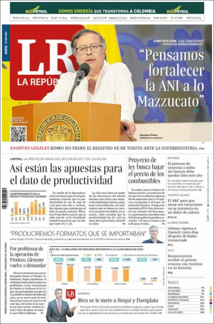 Portada de La Republica (Colombia)