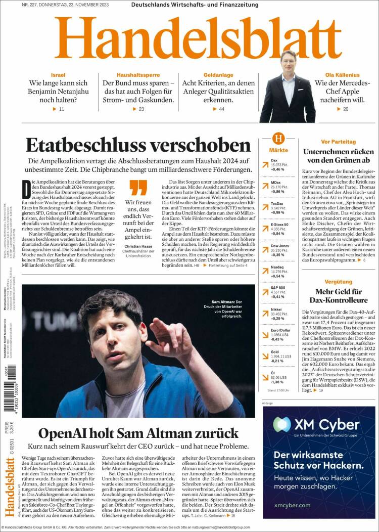 Portada de Handelsblatt (Alemania)