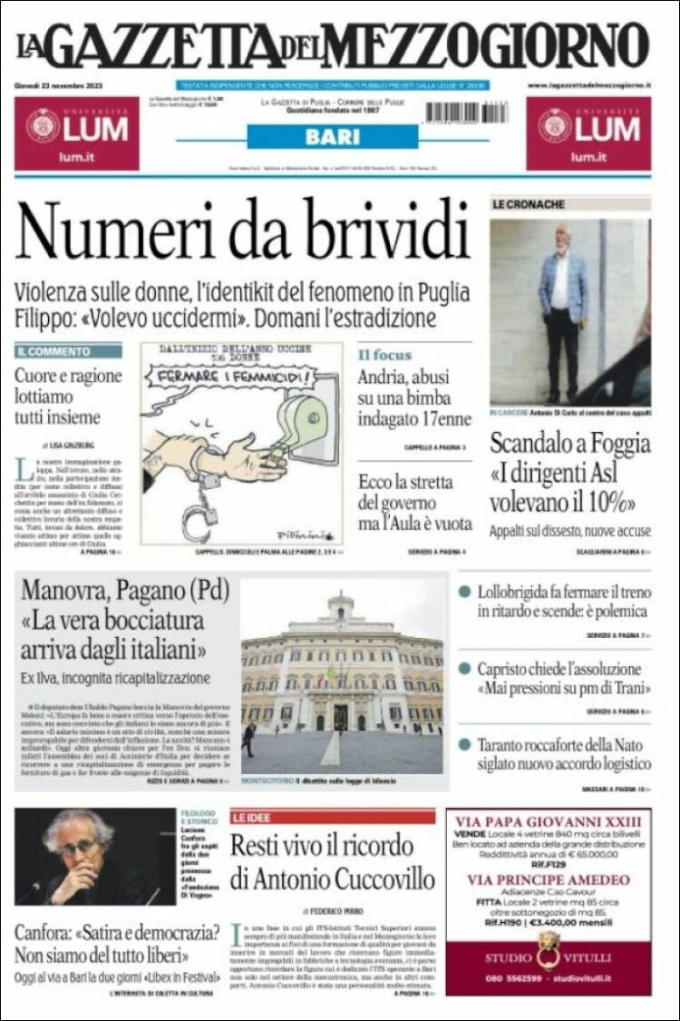 Portada de La Gazzetta del Mezzogiorno (Italia)