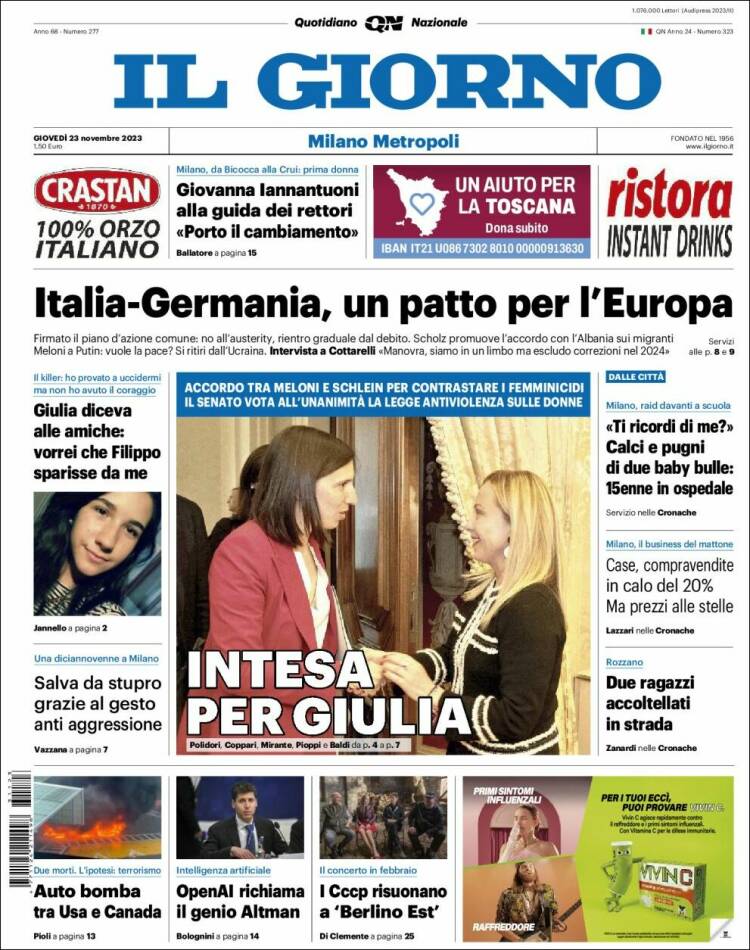 Portada de Il Giorno (Italia)