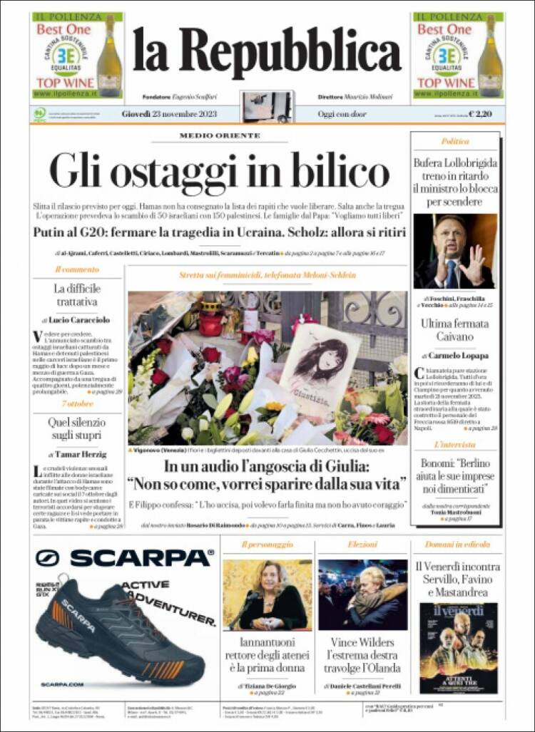 Portada de La Repubblica (Italia)