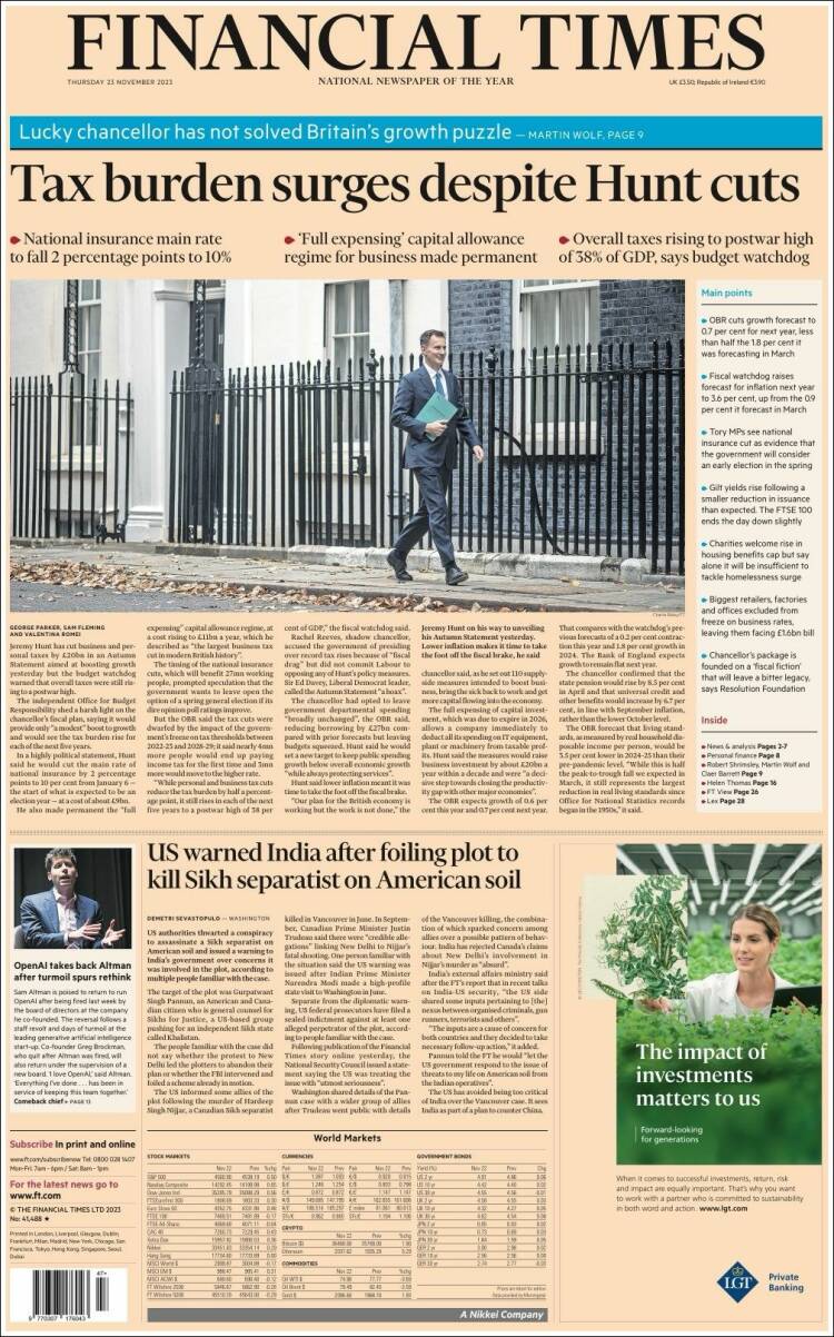 Portada de Financial Times (Reino Unido)