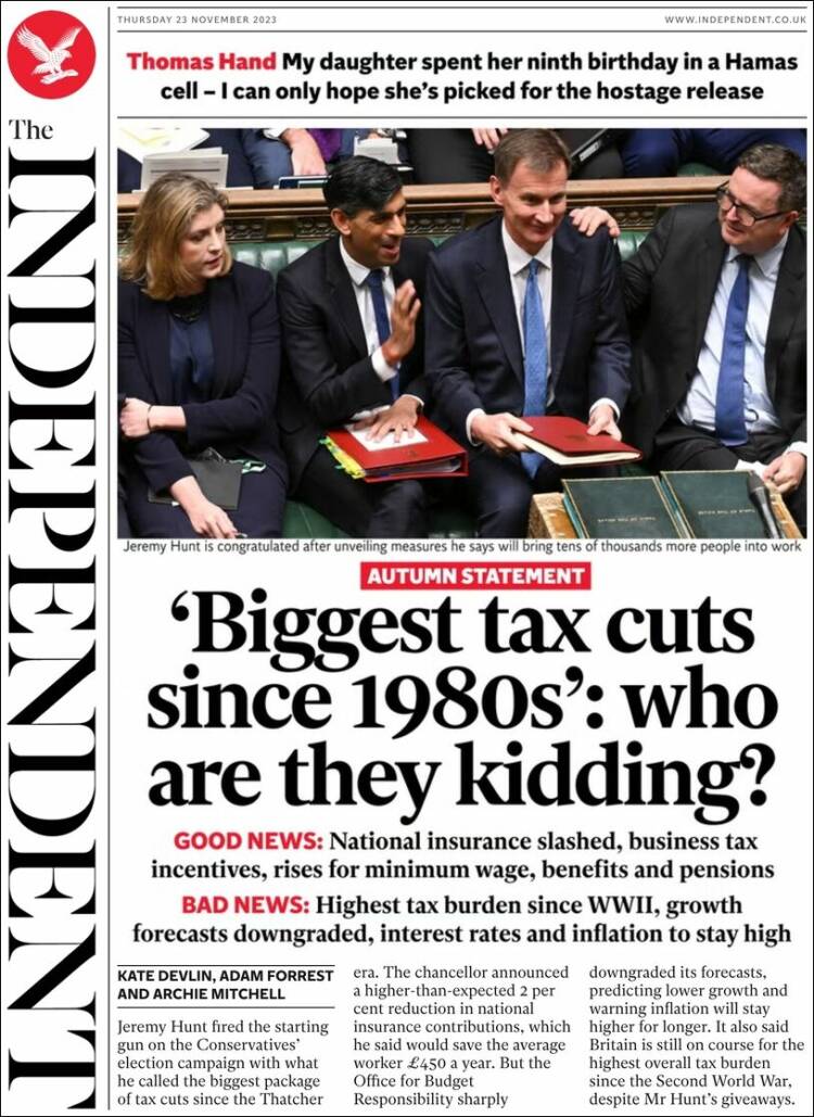 Portada de The Independent (Reino Unido)